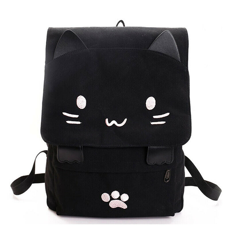 fashion Cute Cat Embroidery Canvas Student bag Cartoons Women Backpack Leis U7I8