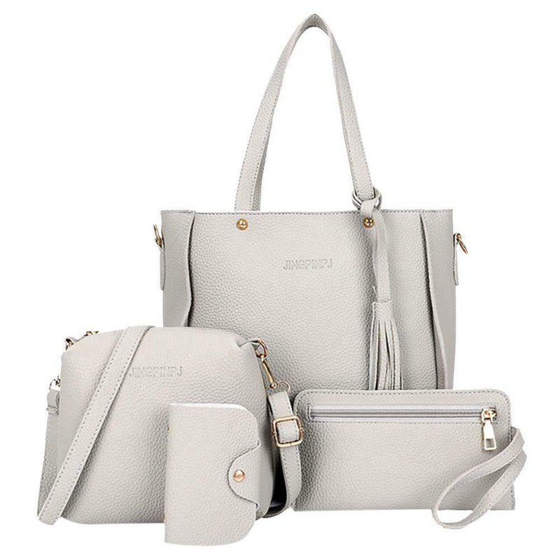4pcs/Set Lichi Leather Tassels Women Tote Shoulder Clutch Card Bags (Grey)