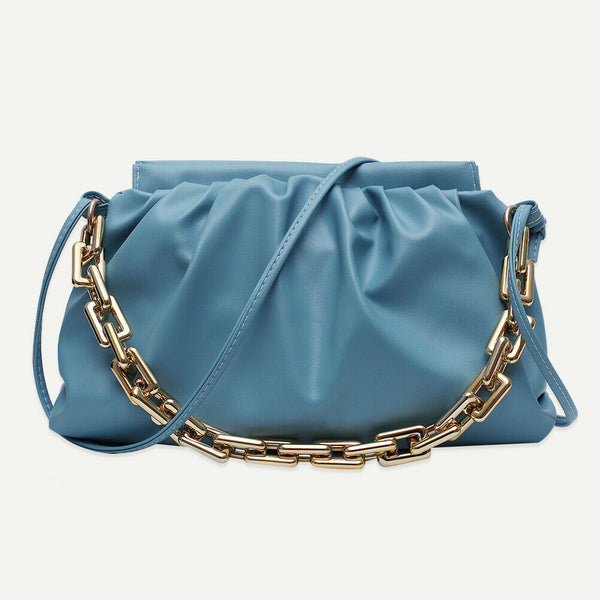 Women Pleated Shoulder Bag Chain Totes PU Cloud Messenger Handbag (Blue)