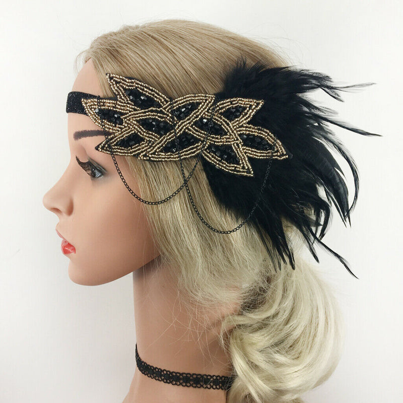 Handmade Feather Headband - Flapper Feather Headpiece - 1920s Beaded Headband