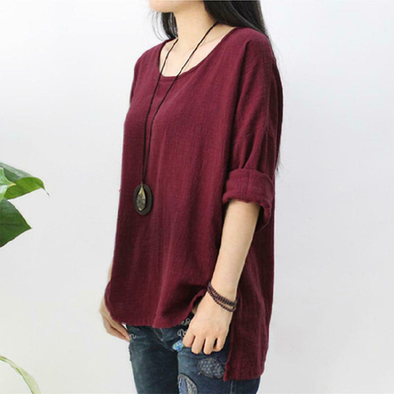 Women T-Shirt Long Sleeve Solid Cotton And Linen Ladies Tops (Wine Red L) A