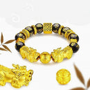 Feng Shui Black Bead Alloy Wealth Bracelet with Golden Pixiu Charms Jewelry Gift