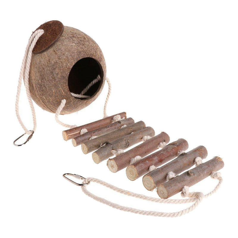 Creative Coconut Bird Nest with Ladder, Parrort Cockatiel Feeder Bedding House
