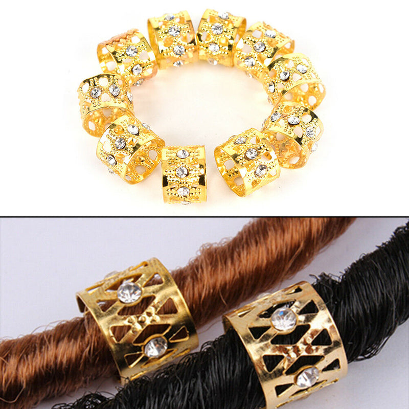 10Pcs Braiding Hair Rings Dreadlock Marley Braids Beads Clips Cuffs Rhinestone Z