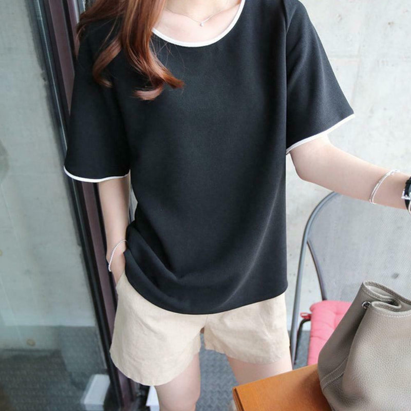 Women Bottom T-Shirt Solid Color Half Sleeve O-neck Tee Shirt (Black L)