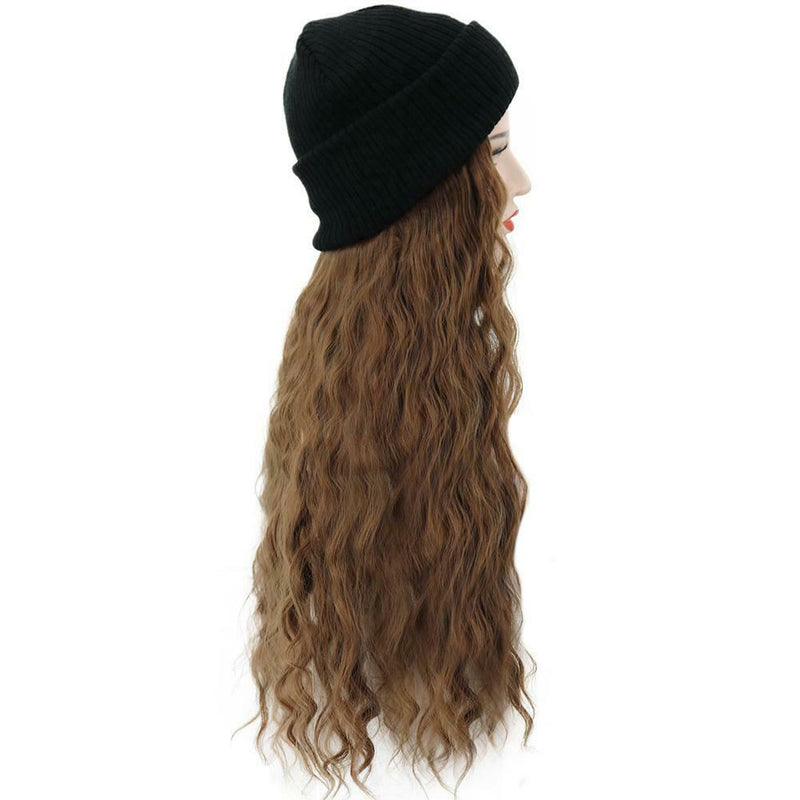 Women Synthetic Wig Beanie Wool Hat Fashion Wig Hair Extensions Brown Attached
