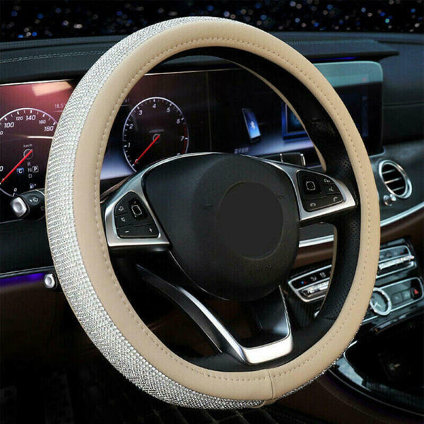 1 White 38CM Car Crystal Steering Wheel Cover PU Leather Rhinestones Beige Bling