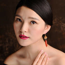 Red Agate Festive Flower Earrings Long Retro Temperament Classical Fashion