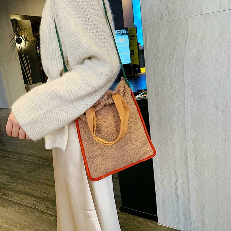 Plush Women Shoulder Crossbody Bag Hit Color Fashion Handbag (Light Brown)