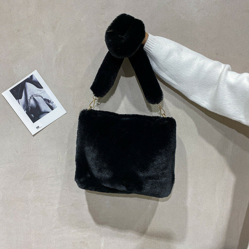 Women Plush Messenger Bag Big Capacity Fluffy Shoulder Handbags (Black)