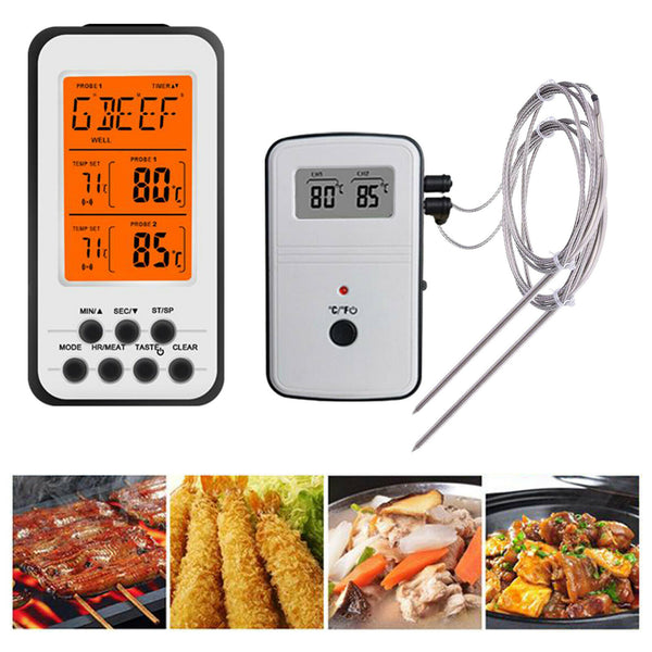 Instant Read Wireless Digital BBQ Meat Thermometer w/ Dual Probes Time Alarm