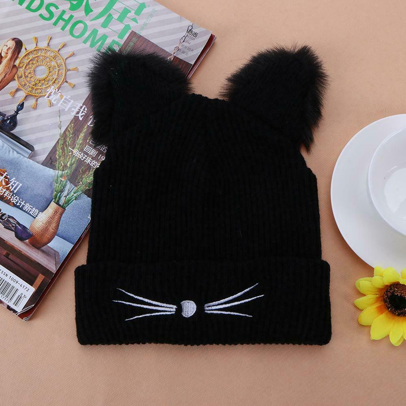 Women Winter Woolen Knitting Hat Cute Cat Ears Braided Knitted Fur Cap