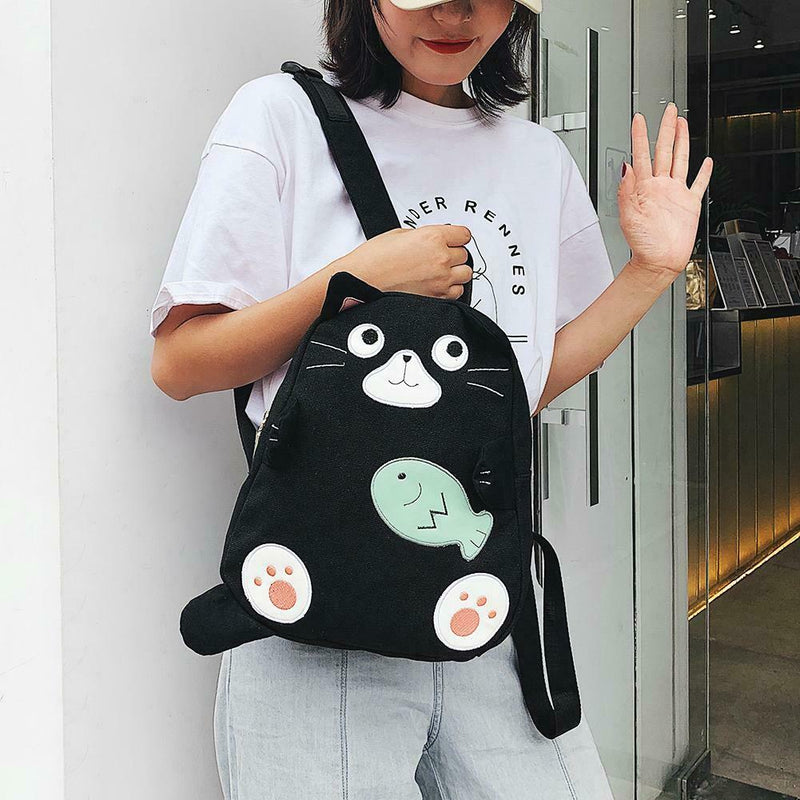 Fashion Cat Print Travel Backpacks Women Canvas Shoulder Top-handle Bags