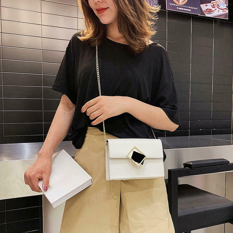 Solid Color Chain Shoulder Handbags Women PU Leather Crossbody Bags (White)