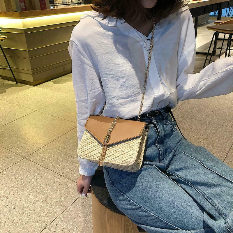 Straw Leather Women Messenger Bag Small Flap Shoulder Handbag (Light Brown)