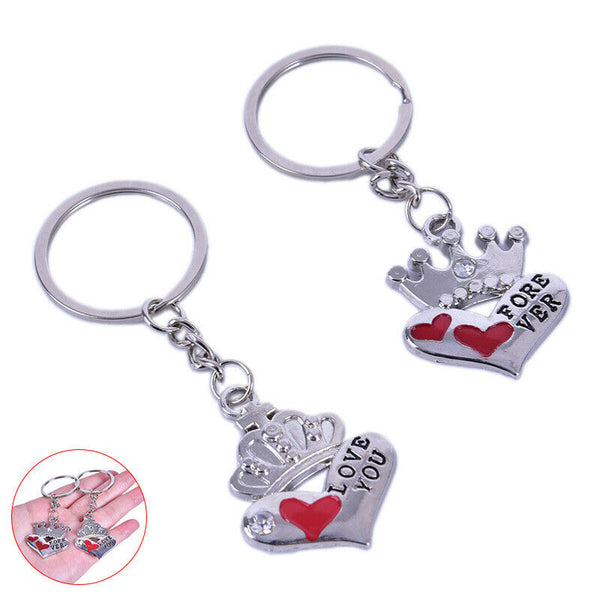 2Pcs Novelty Fashion Crown Love Heart Keyring Couple Keychain Key Ring Gift