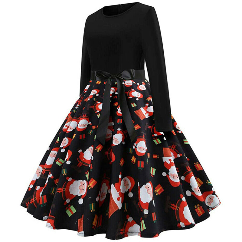 Christmas Retro Round Neck Printed Long Sleeve Swing Dress