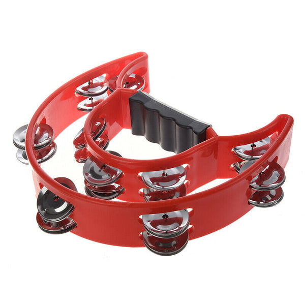 Double Half Moon Tambourine Percussion Drum Plastic Handle Red Metal Jingle