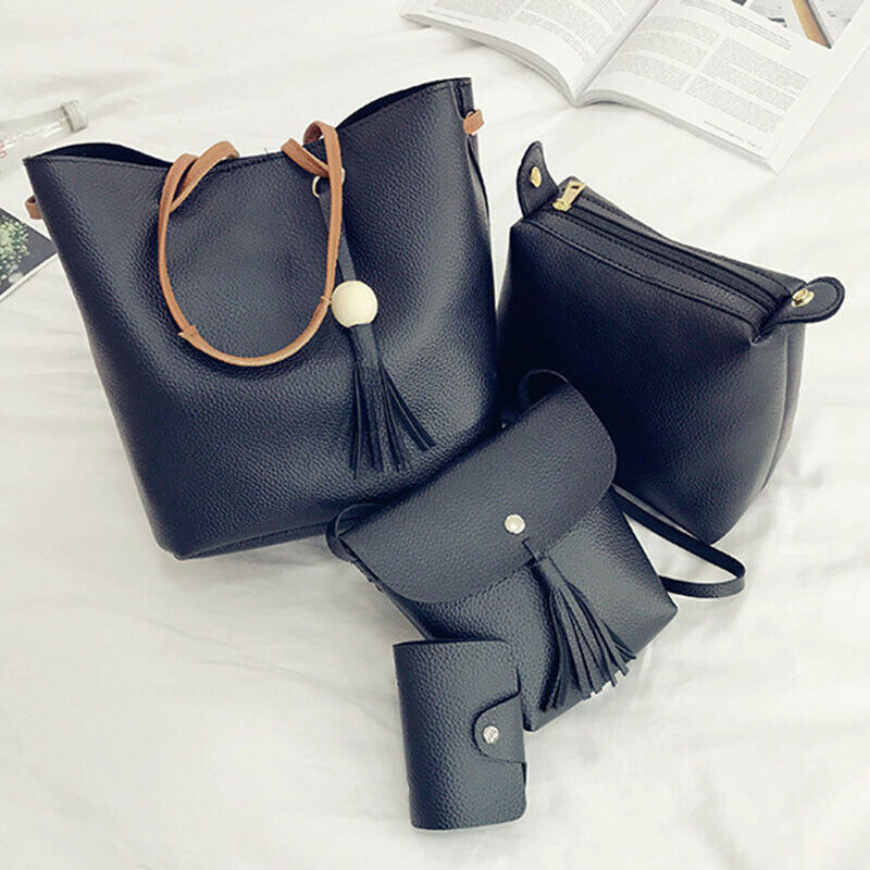 Women Handbags 4Pcs Set Pu Leather Tote Bag Shoulder Crossbody Bag Purse Pu X4R3