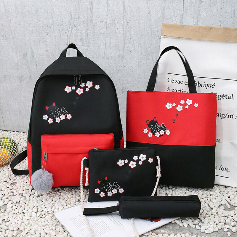 4pcs/Set Cute Cat Backpack Canvas Teenagers Mochila Shoulder Bag (Black)