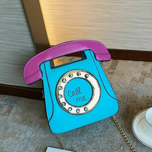 Telephone Shaped Women Retro Cross Body Bag PU Leather Clutch Purse Chain B V1R2