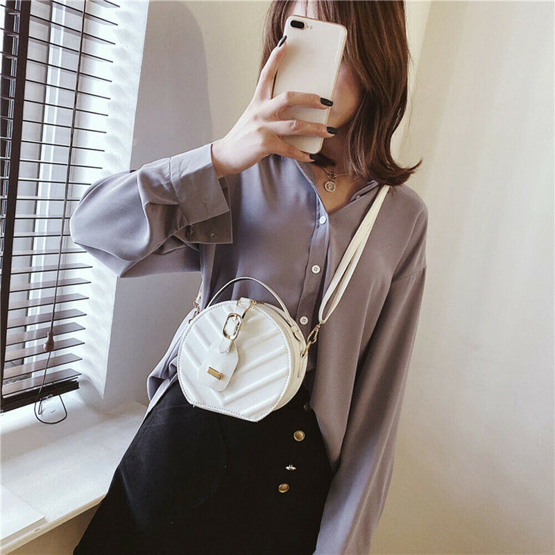 Creative Round Shoulder Bag Leather Small Women Crossbody Handbag (White) A
