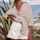 Long Sleeve Blouse Women Turn Down Collar Plain Cardigan Tops (Khaki XL)