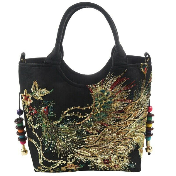 Shiny Sequins Peacock Embroidered Women Canvas Totes Bag, Summer Shopping S Y4U7
