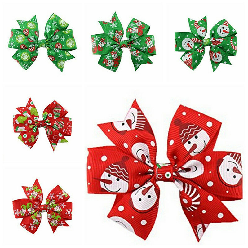 6Pcs Girl Christmas Holiday Gift Snowflake Ribbon Hair Bows Clip Girl Hairpin Gw