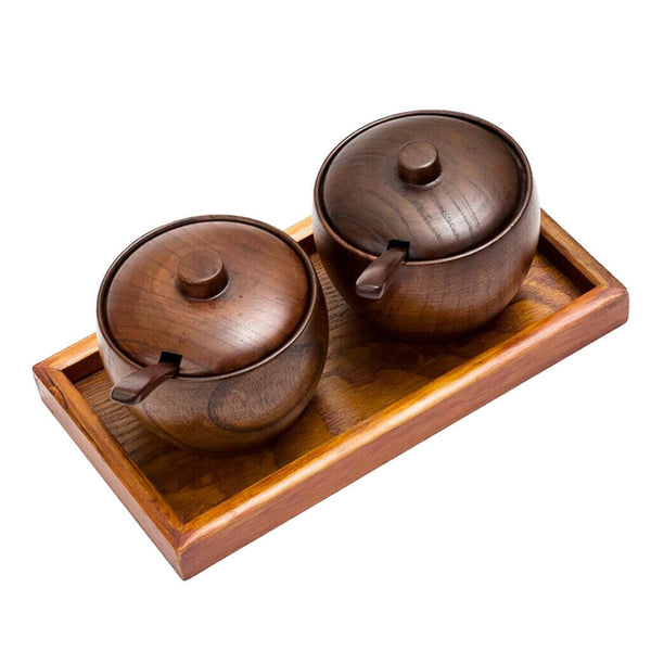 Wood Seasoning Pot Seasoning Bottles with Spoon and Storage Tray Kitchen