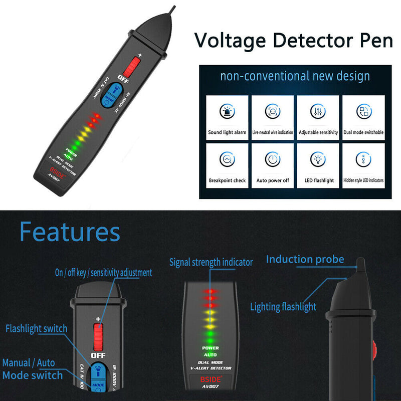 Dual Modes Non Contact Voltage Tester Pen 12V 1000V AC With Flashlight Socket