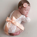 2pcs Newborn Photography Props Girls Lace Rompers Headband (Shell Pink) A