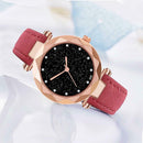 Women PU Leather Quartz Luxury Starry Sky Crystal Dial Watches (Rose Red) A