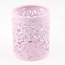 Light Pink Hollow Rose Flower Pattern Metal Pen Pencil Pot Holder Organizer H9P6