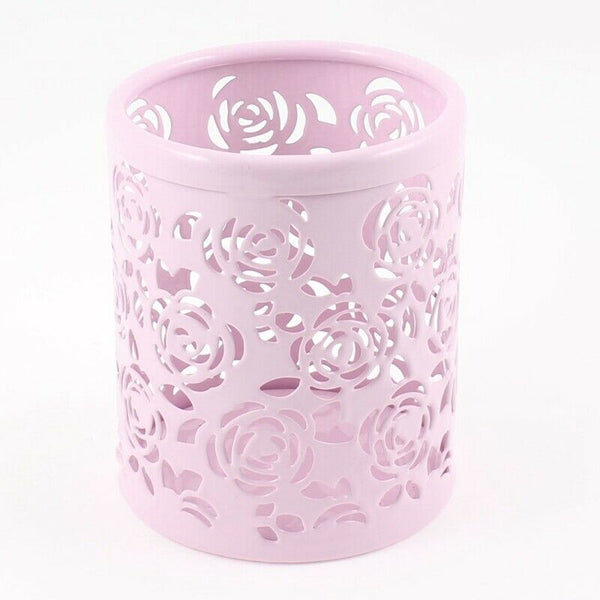 Light Pink Hollow Rose Flower Pattern Metal Pen Pencil Pot Holder Organizer H9P6