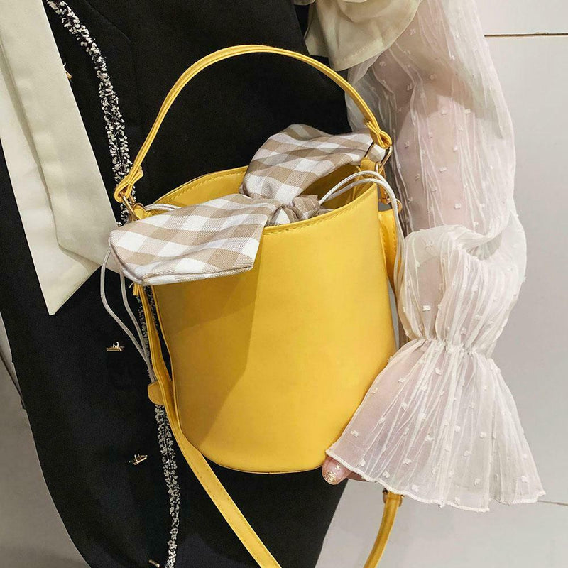 Plaid Bowknot Shoulder Handbags Leather Women Crossbody Bucket Bag (Yellow) A