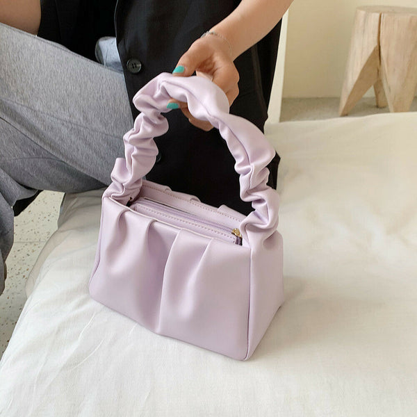 Women Candy Color Shoulder Bags Pleated Ruffle PU Totes Handbag (Purple)