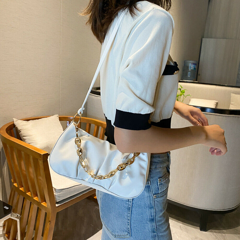 Solid Pleated Women Shoulder Bag PU Clear Chain Crossbody Handbag (White)