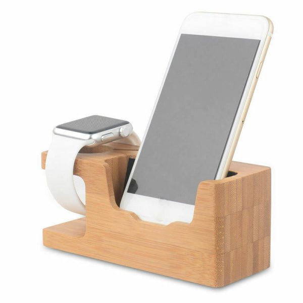 Bamboo Cell Phone Charging Dock Station Charger Holder Stand For Watch NOS