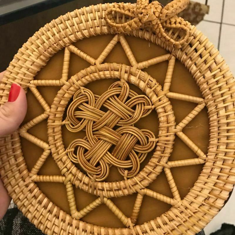 Woven Rattan Bag Round Straw Shoulder Bag Small Beach Handbags Women Summer B2R7