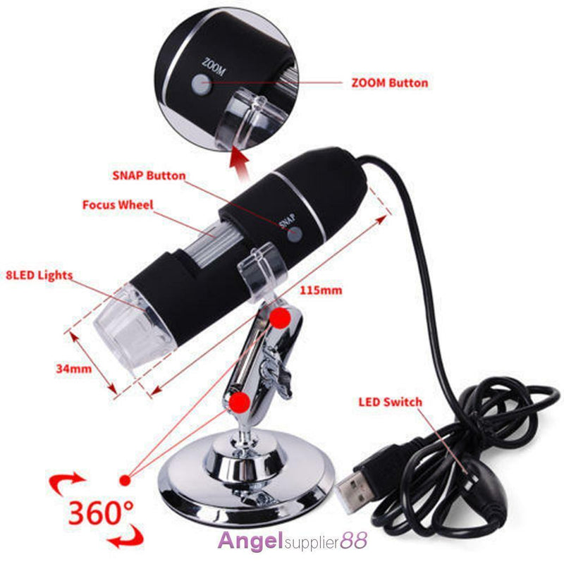 2MP 1000X 8 LED USB Digital Microscope Endoscope Zoom Camera Magnifier+Stand