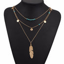 3 Layers Womens Boho Pendant Necklace Metal Feather Beads Sexy Jewellery
