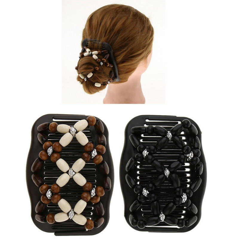 2Pcs  Wood Beads Double Hair Comb Clip Stretchy Thick Hair Clip Combs Girls