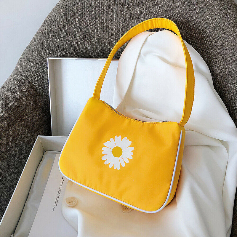 Women Nylon Handbag Flower Portable Totes Girl Travel Shoulder Bag (Yellow) A