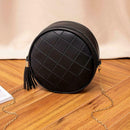 Pure Color Plaid Shoulder Handbags Women Round Tassel Crossbody Bag (Black)