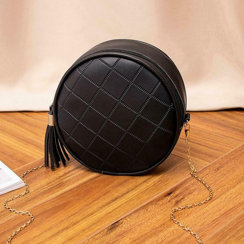 Pure Color Plaid Shoulder Handbags Women Round Tassel Crossbody Bag (Black)