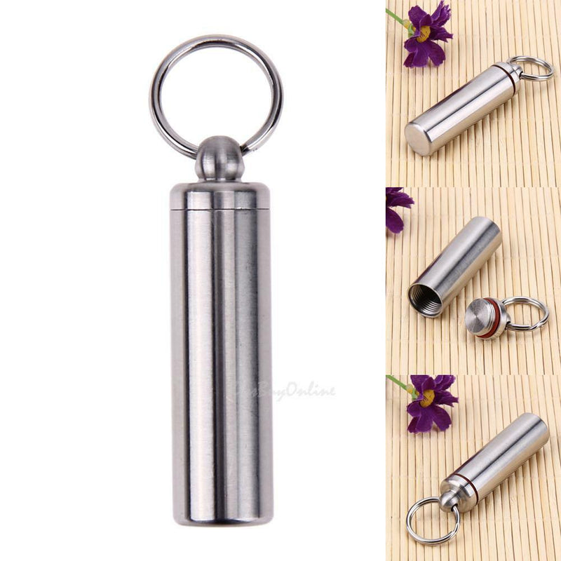 Waterproof Stainless Steel Medicine Pill Container Holder Box Bottle Key Chain