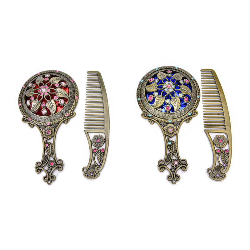 2PCS Bronze Handheld Mirrors Hollow Cosmetic Compact Mirror Comb Set Gift Box 3C