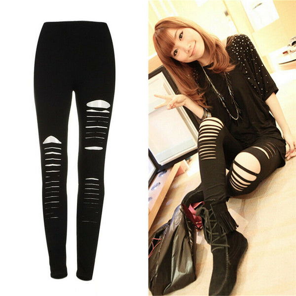 Sexy Black Punk Ripped Torn Slashed Cut Striped Leggings Pants Gothic ClubLJ