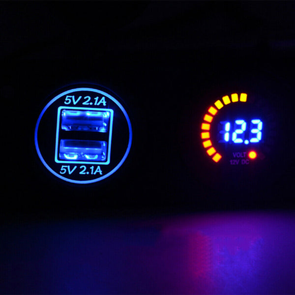 Center Console 4.2A With Aperture Dual USB Blue + 12V Color Voltmeter